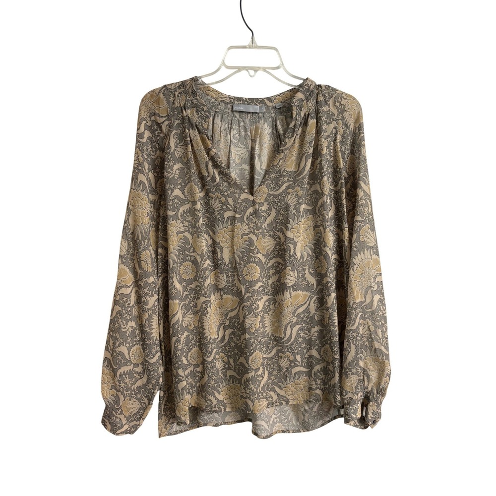 Vince Womens 100% Silk V-Neck Floral Print Blouse Boho Peasant Size Medium